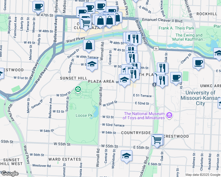 map of restaurants, bars, coffee shops, grocery stores, and more near 200 West 51 Terrace in Kansas City