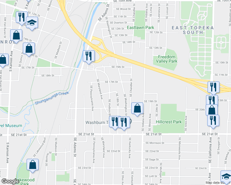 map of restaurants, bars, coffee shops, grocery stores, and more near 914 Southeast 18th Street in Topeka