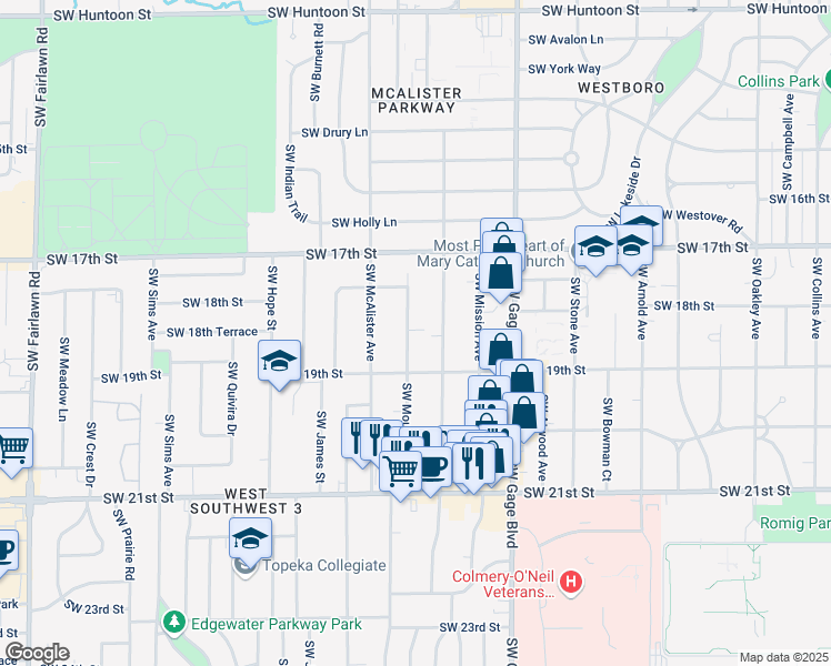 map of restaurants, bars, coffee shops, grocery stores, and more near 1806 Southwest Moundview Drive in Topeka