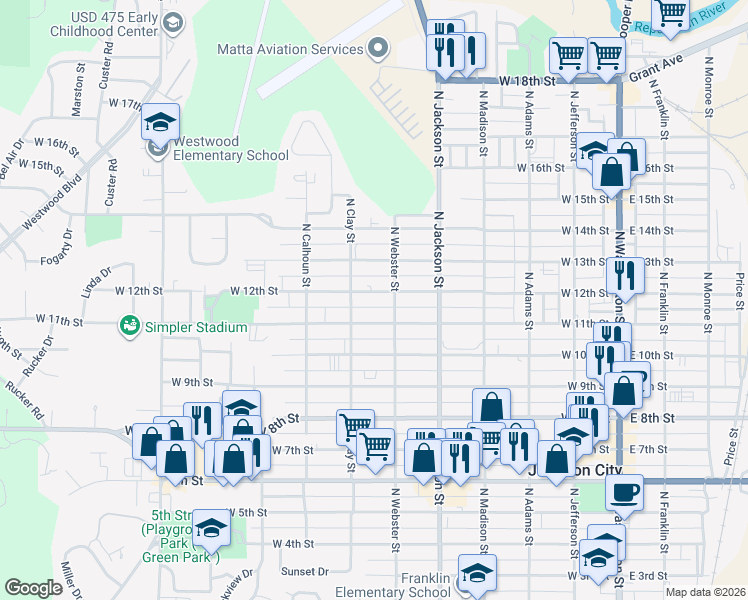 map of restaurants, bars, coffee shops, grocery stores, and more near 615 West 12th Street in Junction City