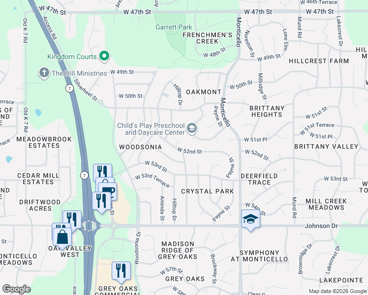 map of restaurants, bars, coffee shops, grocery stores, and more near 5132 Hilltop Court in Shawnee