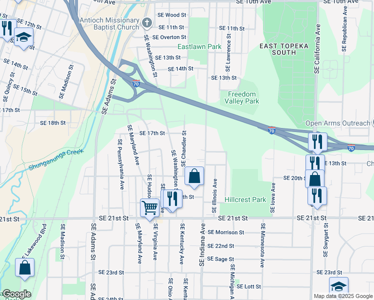 map of restaurants, bars, coffee shops, grocery stores, and more near 1800 Southeast Chandler Street in Topeka