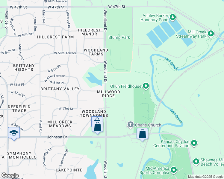 map of restaurants, bars, coffee shops, grocery stores, and more near 5129 Woodland Drive in Shawnee