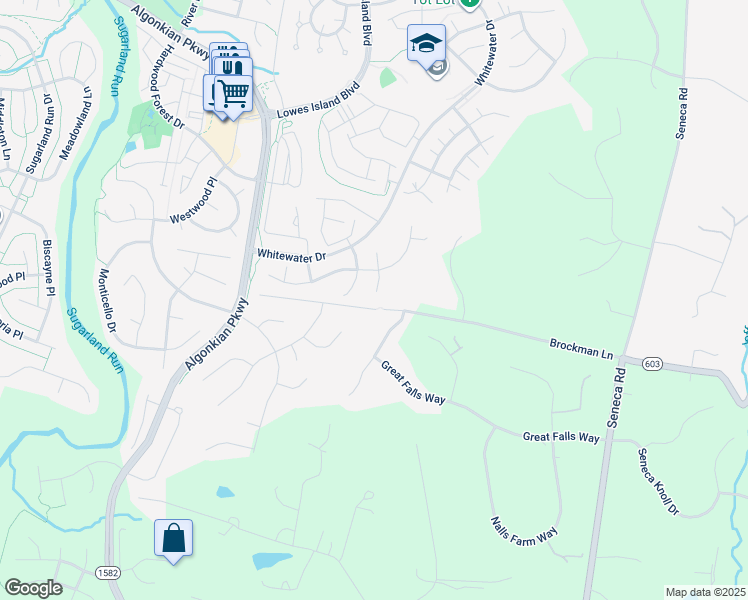 map of restaurants, bars, coffee shops, grocery stores, and more near 20989 Flatboat Court in Sterling
