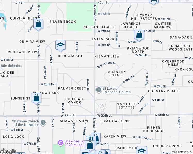 map of restaurants, bars, coffee shops, grocery stores, and more near 5219 Nieman Road in Shawnee