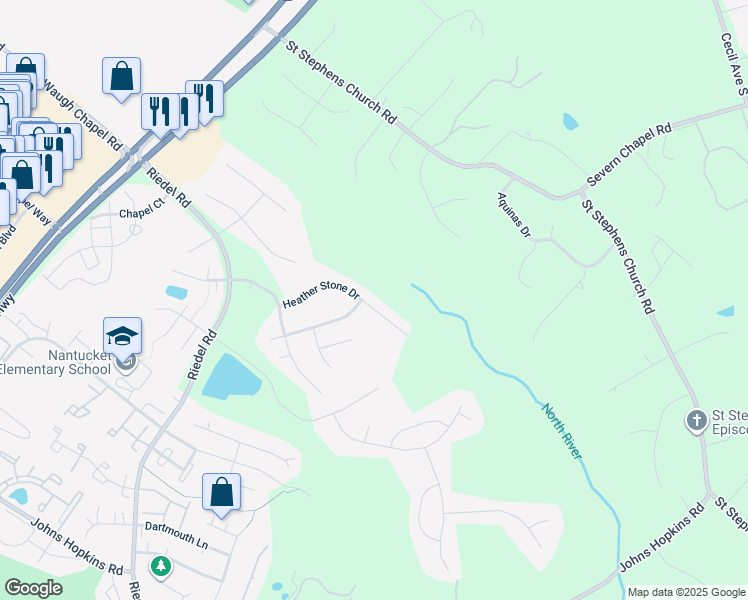 map of restaurants, bars, coffee shops, grocery stores, and more near 2418 Heather Stone Drive in Gambrills