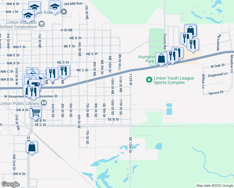 map of restaurants, bars, coffee shops, grocery stores, and more near 1050 East Vincennes Street in Linton