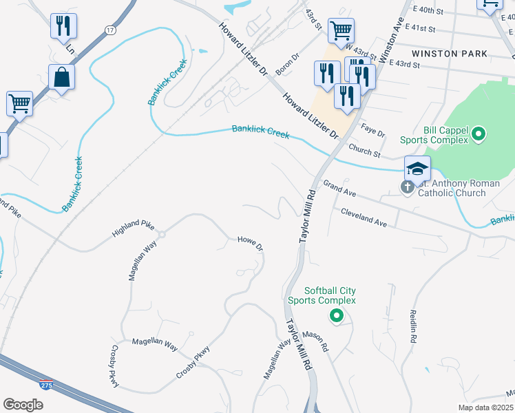 map of restaurants, bars, coffee shops, grocery stores, and more near 4885 Taylor Mill Road in Taylor Mill