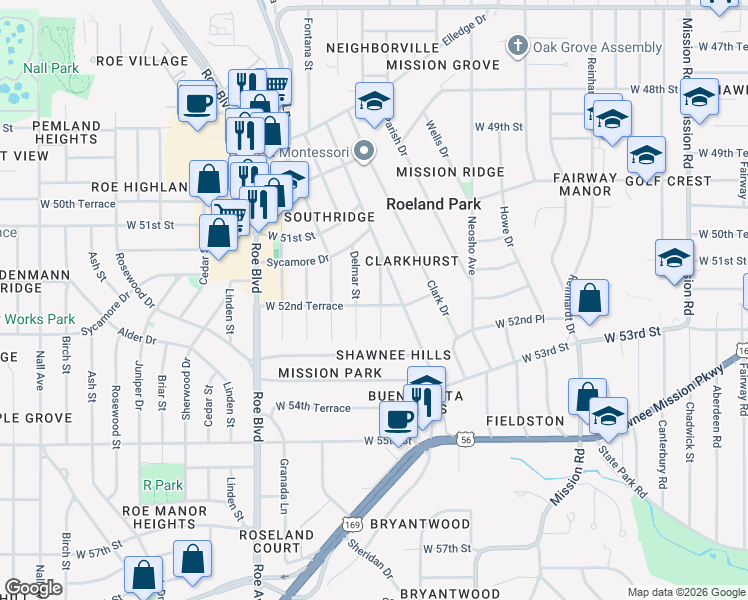 map of restaurants, bars, coffee shops, grocery stores, and more near 5212 Catalina Street in Roeland Park