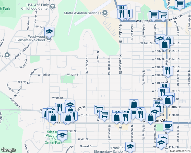 map of restaurants, bars, coffee shops, grocery stores, and more near 713 West 12th Street in Junction City