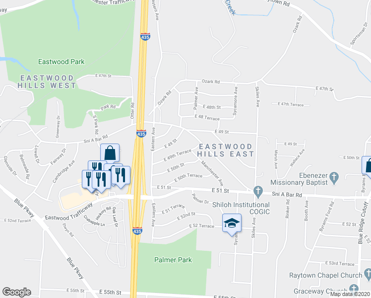 map of restaurants, bars, coffee shops, grocery stores, and more near 7604 East 49th Terrace in Kansas City