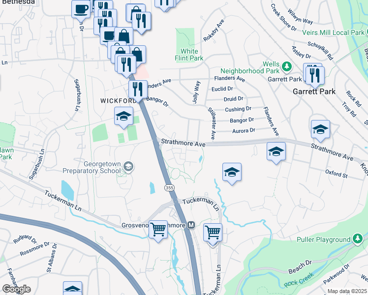 map of restaurants, bars, coffee shops, grocery stores, and more near 10890 Symphony Park Drive in North Bethesda