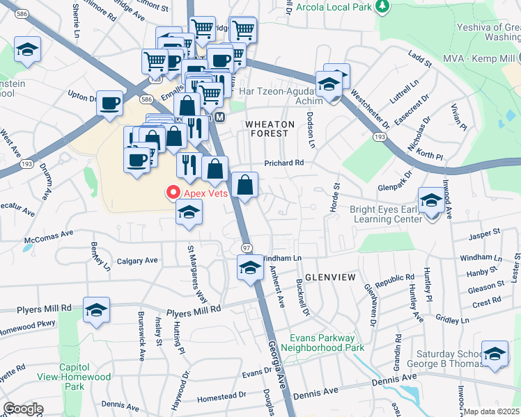 map of restaurants, bars, coffee shops, grocery stores, and more near 10905 Amherst Avenue in Silver Spring
