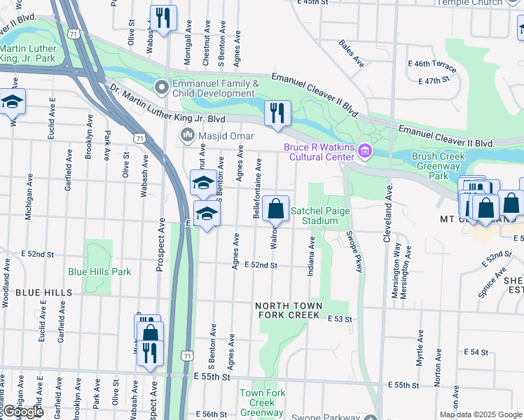 map of restaurants, bars, coffee shops, grocery stores, and more near 5022 Walrond Avenue in Kansas City