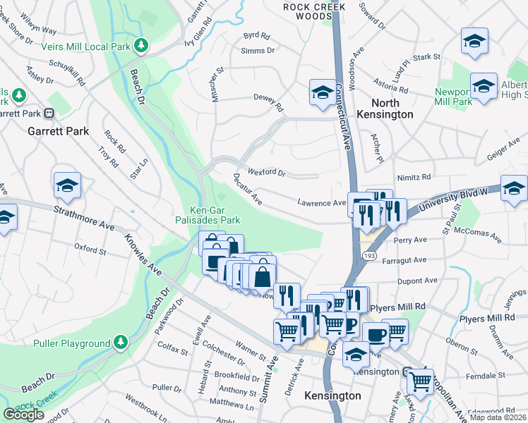 map of restaurants, bars, coffee shops, grocery stores, and more near 4012 Decatur Avenue in Kensington