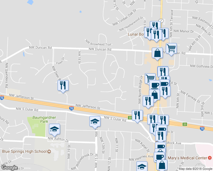 map of restaurants, bars, coffee shops, grocery stores, and more near 1204 Northwest Westwood Drive in Blue Springs