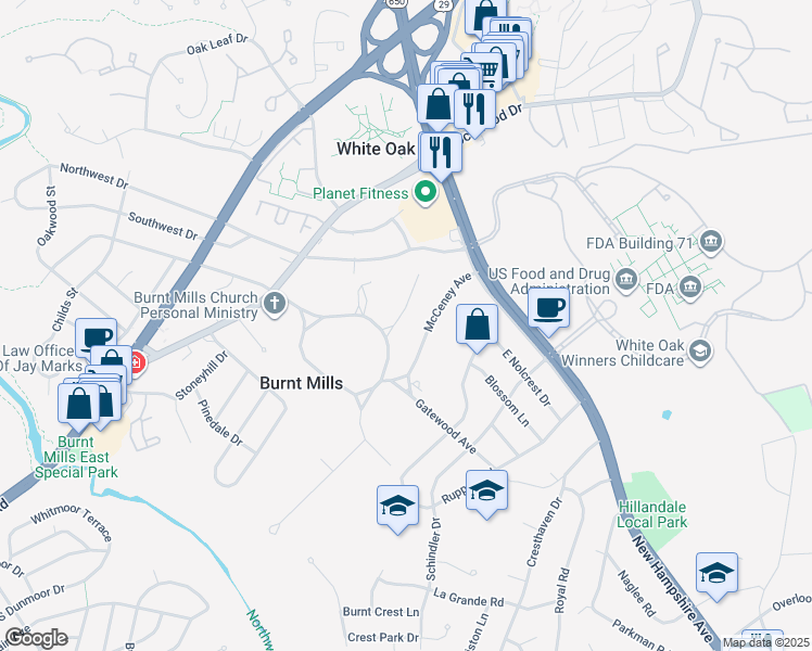 map of restaurants, bars, coffee shops, grocery stores, and more near 10901 Jarboe Avenue in Silver Spring