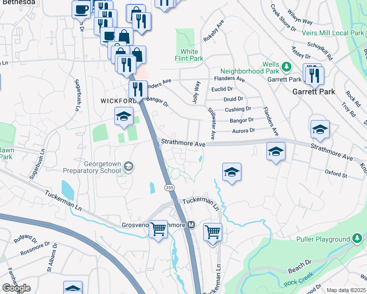 map of restaurants, bars, coffee shops, grocery stores, and more near 10890 Symphony Park Drive in North Bethesda