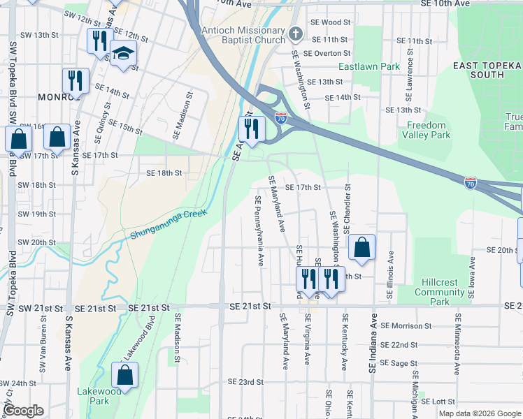 map of restaurants, bars, coffee shops, grocery stores, and more near 1707-1799 Southeast Maryland Avenue in Topeka