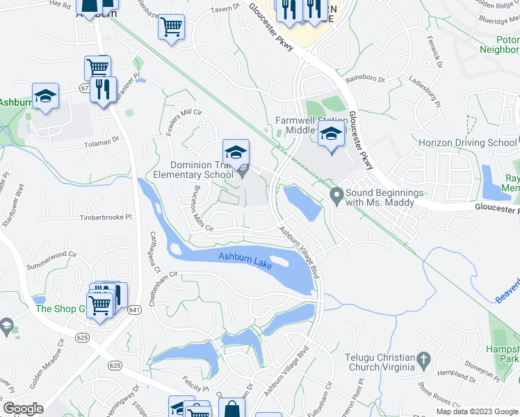 map of restaurants, bars, coffee shops, grocery stores, and more near 44056 Laceyville Terrace in Ashburn