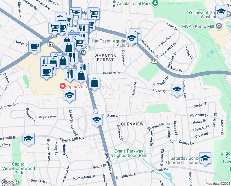 map of restaurants, bars, coffee shops, grocery stores, and more near 10902 Bucknell Drive in Silver Spring