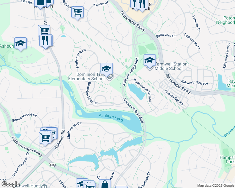 map of restaurants, bars, coffee shops, grocery stores, and more near 44056 Laceyville Terrace in Ashburn