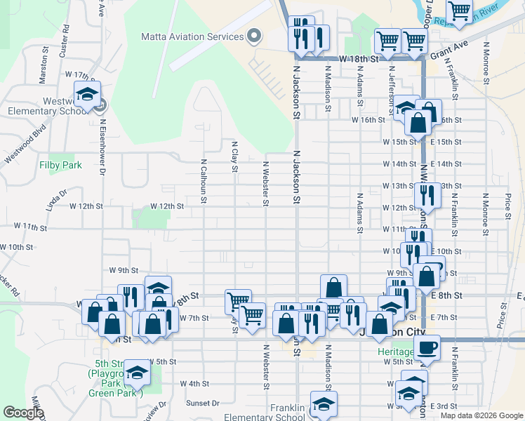 map of restaurants, bars, coffee shops, grocery stores, and more near 615 West 12th Street in Junction City