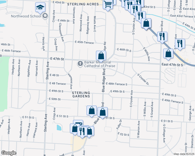 map of restaurants, bars, coffee shops, grocery stores, and more near 4805 Moats Drive in Kansas City