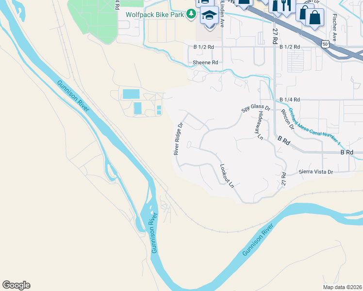 map of restaurants, bars, coffee shops, grocery stores, and more near 196 River Ridge Drive in Grand Junction