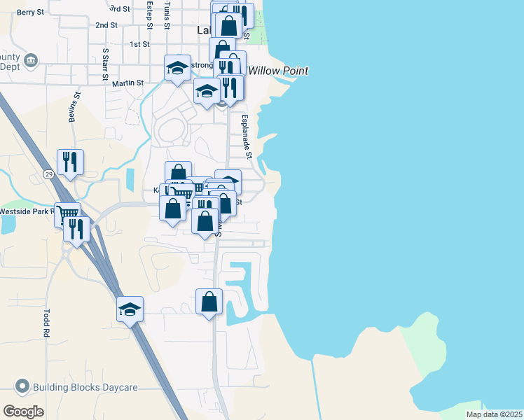 map of restaurants, bars, coffee shops, grocery stores, and more near 10 Royale Avenue in Lakeport