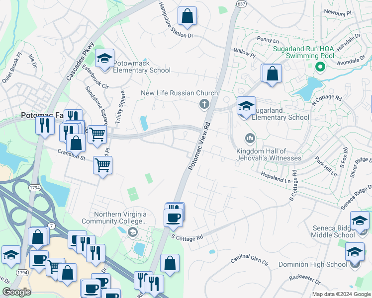 map of restaurants, bars, coffee shops, grocery stores, and more near 46556 River Meadows Terrace in Sterling