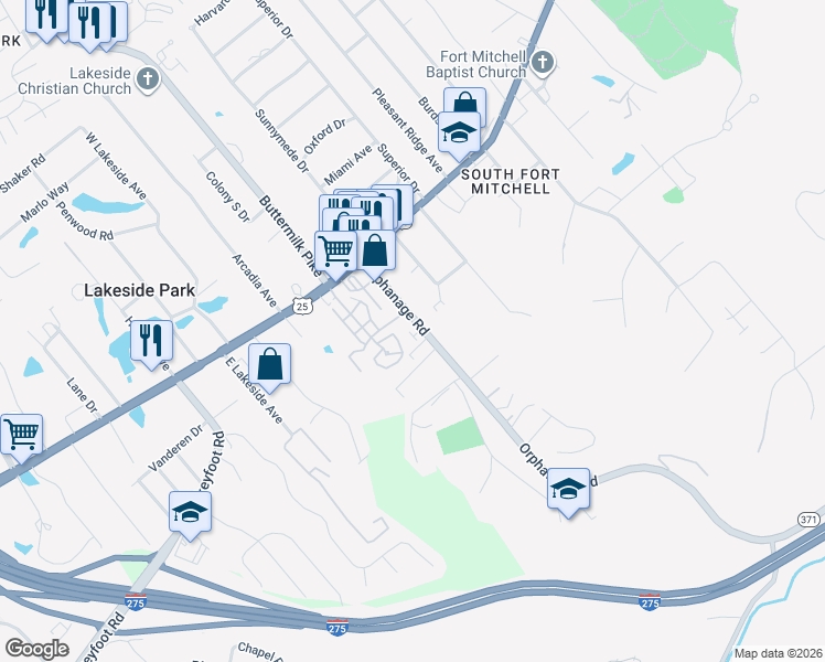 map of restaurants, bars, coffee shops, grocery stores, and more near 36 Orphanage Road in Fort Mitchell