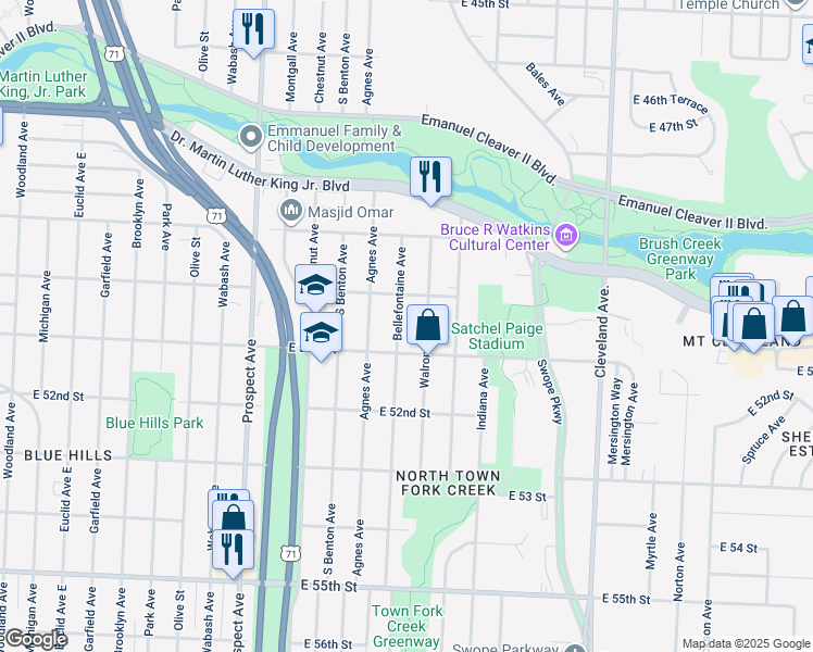 map of restaurants, bars, coffee shops, grocery stores, and more near 5022 Walrond Avenue in Kansas City