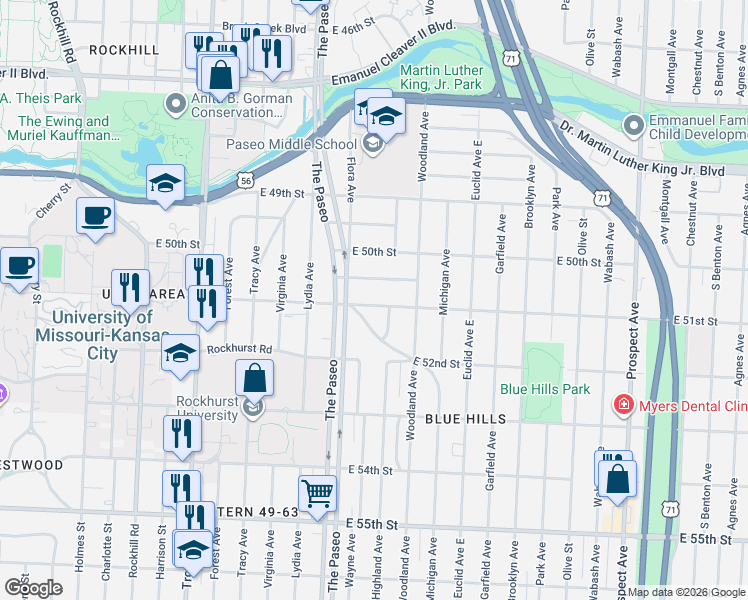 map of restaurants, bars, coffee shops, grocery stores, and more near 1522 East 51st Street in Kansas City