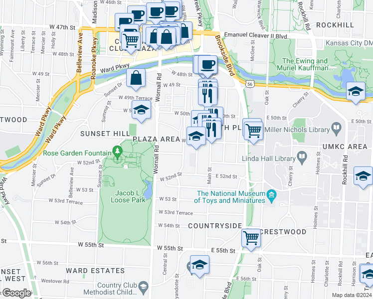 map of restaurants, bars, coffee shops, grocery stores, and more near 200 West 51 Terrace in Kansas City