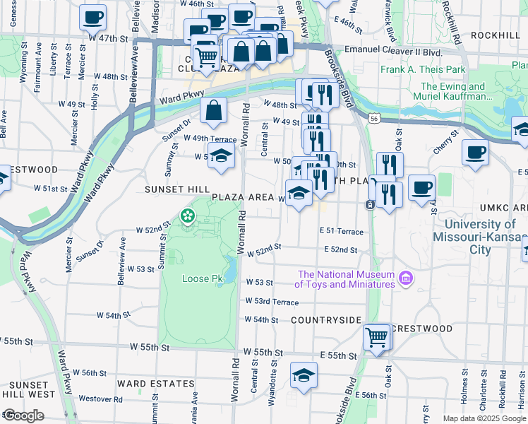 map of restaurants, bars, coffee shops, grocery stores, and more near 200 West 51 Terrace in Kansas City