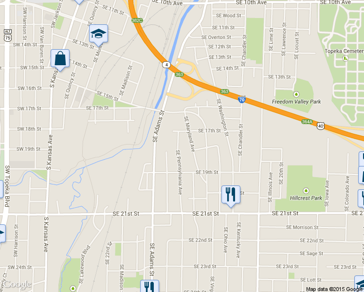 map of restaurants, bars, coffee shops, grocery stores, and more near 1707-1799 Southeast Maryland Avenue in Topeka