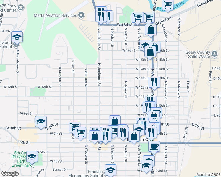 map of restaurants, bars, coffee shops, grocery stores, and more near 425 W 12th St in Junction City