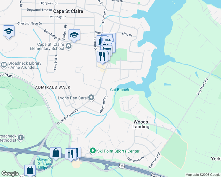 map of restaurants, bars, coffee shops, grocery stores, and more near 952 Woodland Circle in Annapolis