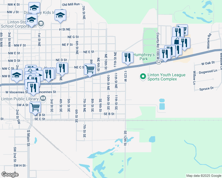 map of restaurants, bars, coffee shops, grocery stores, and more near 1050 East Vincennes Street in Linton