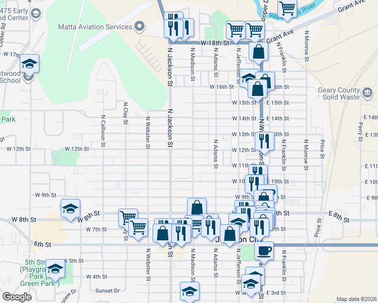 map of restaurants, bars, coffee shops, grocery stores, and more near 405 West 12th Street in Junction City