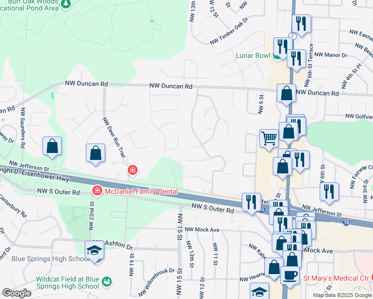 map of restaurants, bars, coffee shops, grocery stores, and more near 1414 Northwest Woodcreek Circle in Blue Springs