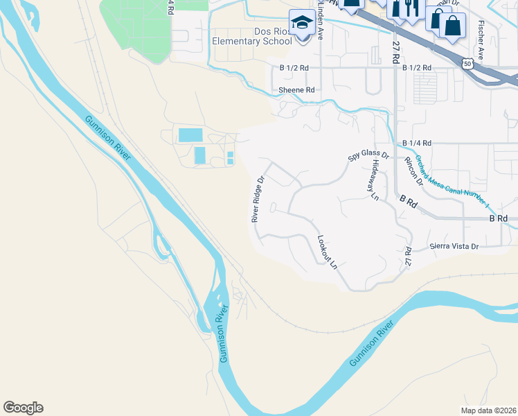 map of restaurants, bars, coffee shops, grocery stores, and more near 196 River Ridge Drive in Grand Junction
