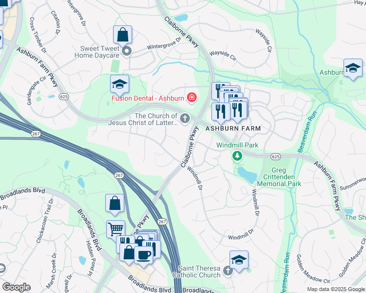 map of restaurants, bars, coffee shops, grocery stores, and more near 43226 Summithill Court in Ashburn