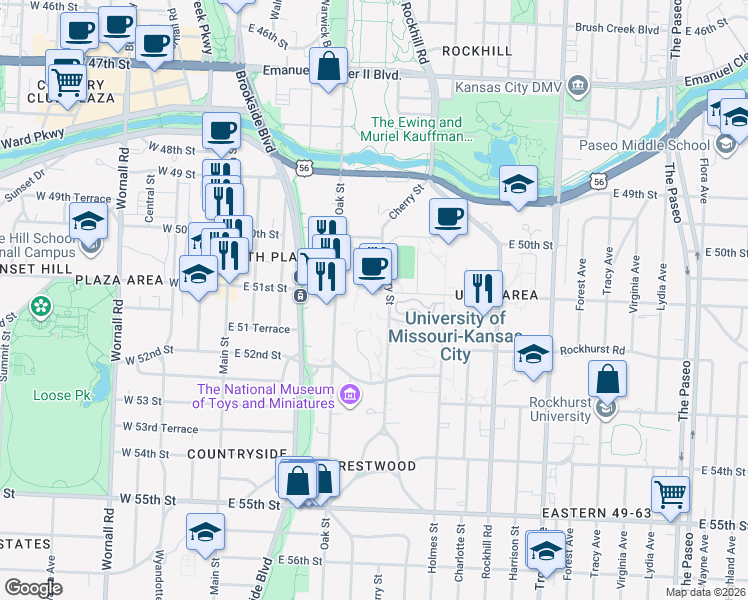 map of restaurants, bars, coffee shops, grocery stores, and more near 5100 Cherry Street in Kansas City