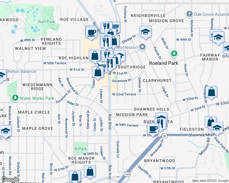 map of restaurants, bars, coffee shops, grocery stores, and more near 5151 Roe Boulevard in Mission Woods
