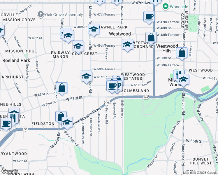 map of restaurants, bars, coffee shops, grocery stores, and more near 2805 W 51st Terrace in Westwood