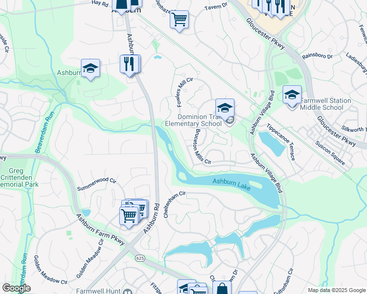 map of restaurants, bars, coffee shops, grocery stores, and more near 21043 Roaming Shores Terrace in Ashburn