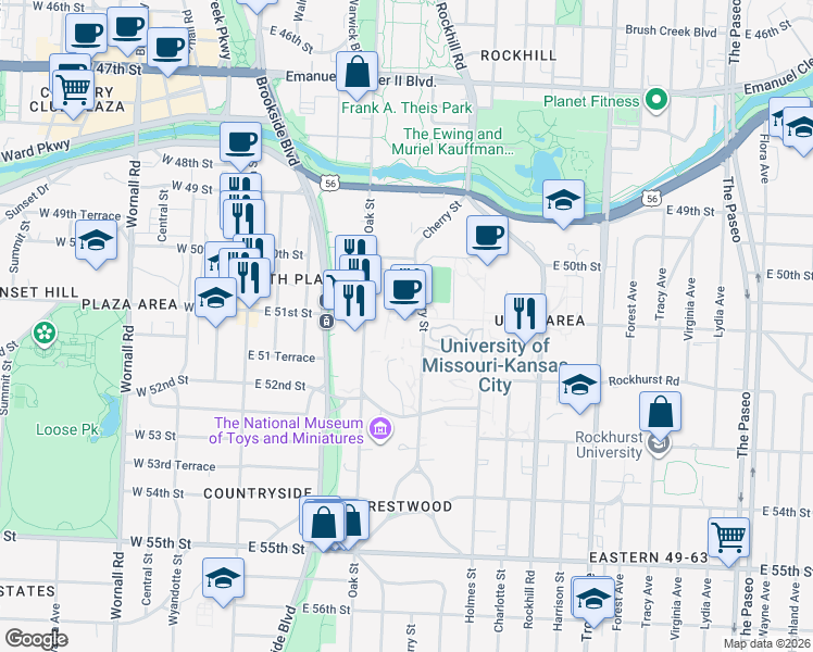 map of restaurants, bars, coffee shops, grocery stores, and more near 5100 Cherry Street in Kansas City
