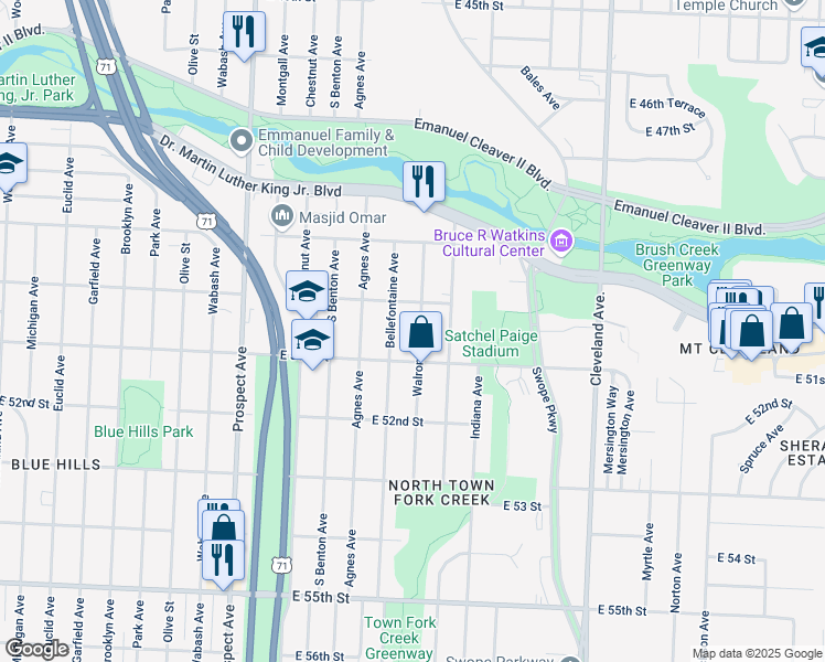 map of restaurants, bars, coffee shops, grocery stores, and more near 5022 Walrond Avenue in Kansas City
